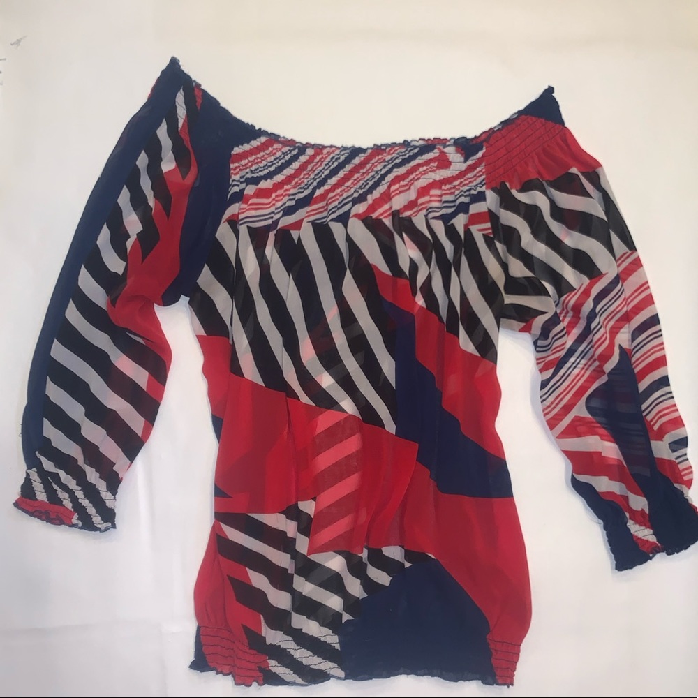 Bebe off the shoulder sheer top graphic print
